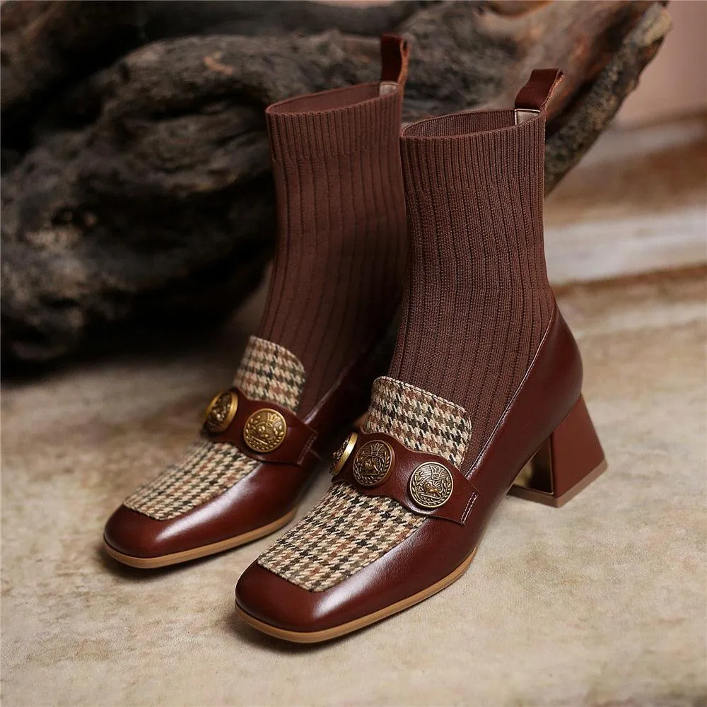 Ankle Boots Thick Heels Slip On Mixed Color Square Toe