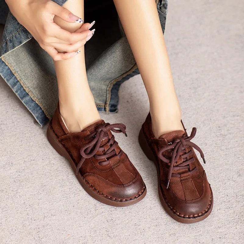 Babakud Women Autumn Retro Leather Lace- Up Casual Shoes