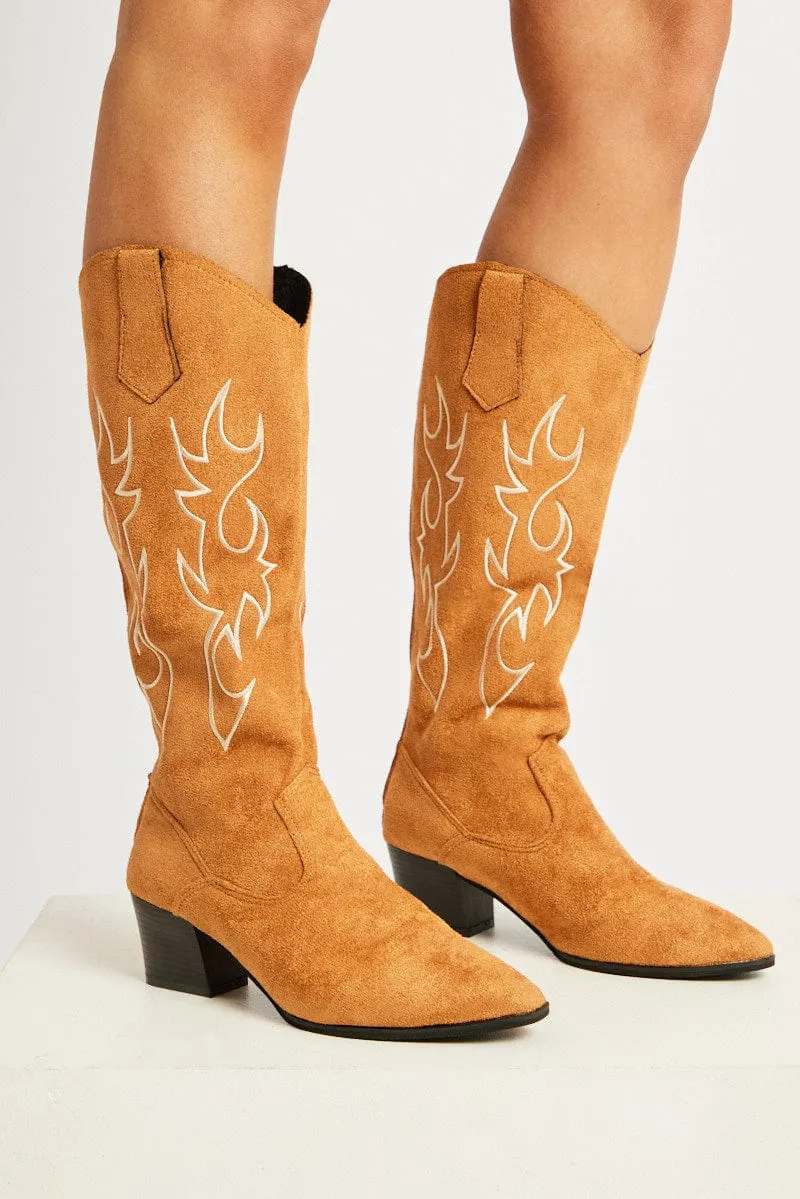 Beige Suede Embroidered Western Boots