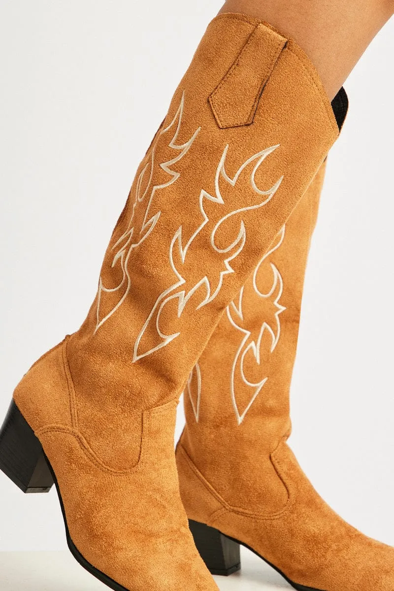 Beige Suede Embroidered Western Boots