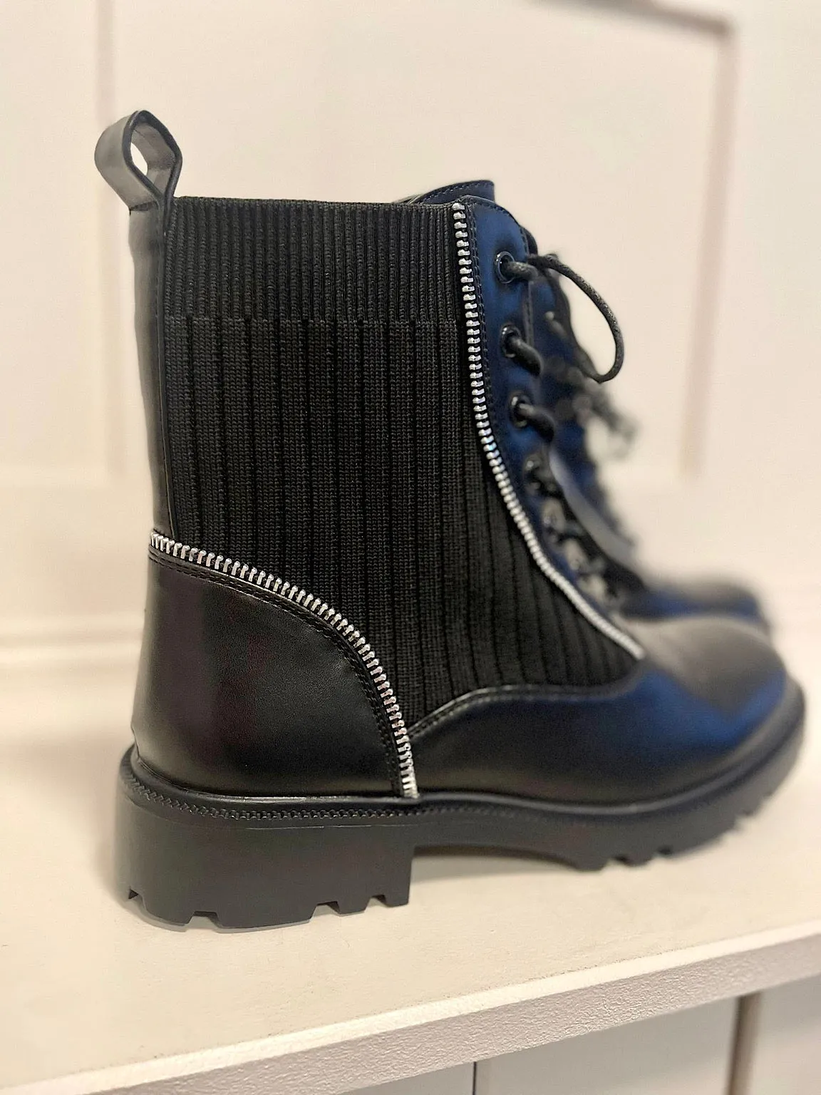 Black Faux Zip Combat Boots