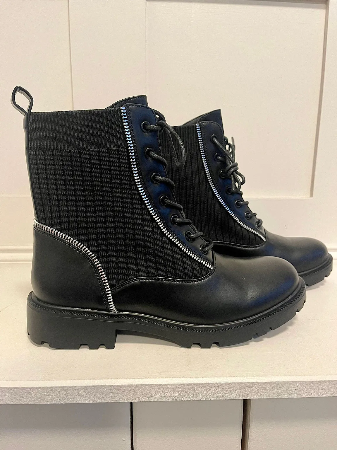 Black Faux Zip Combat Boots