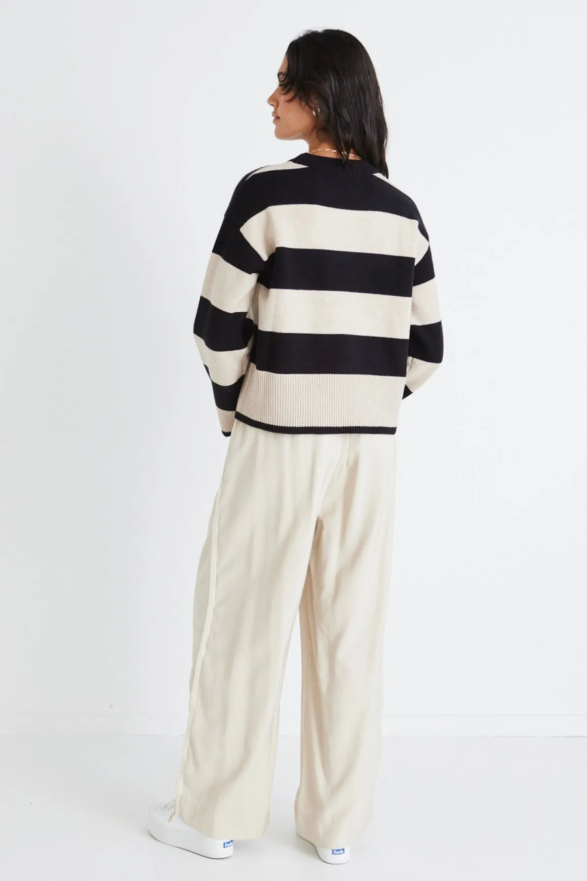 Gravity Black & Stone Stripe Crew Neck Knit Jumper