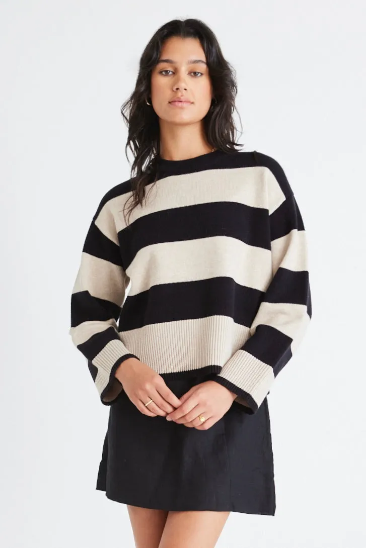 Gravity Black & Stone Stripe Crew Neck Knit Jumper