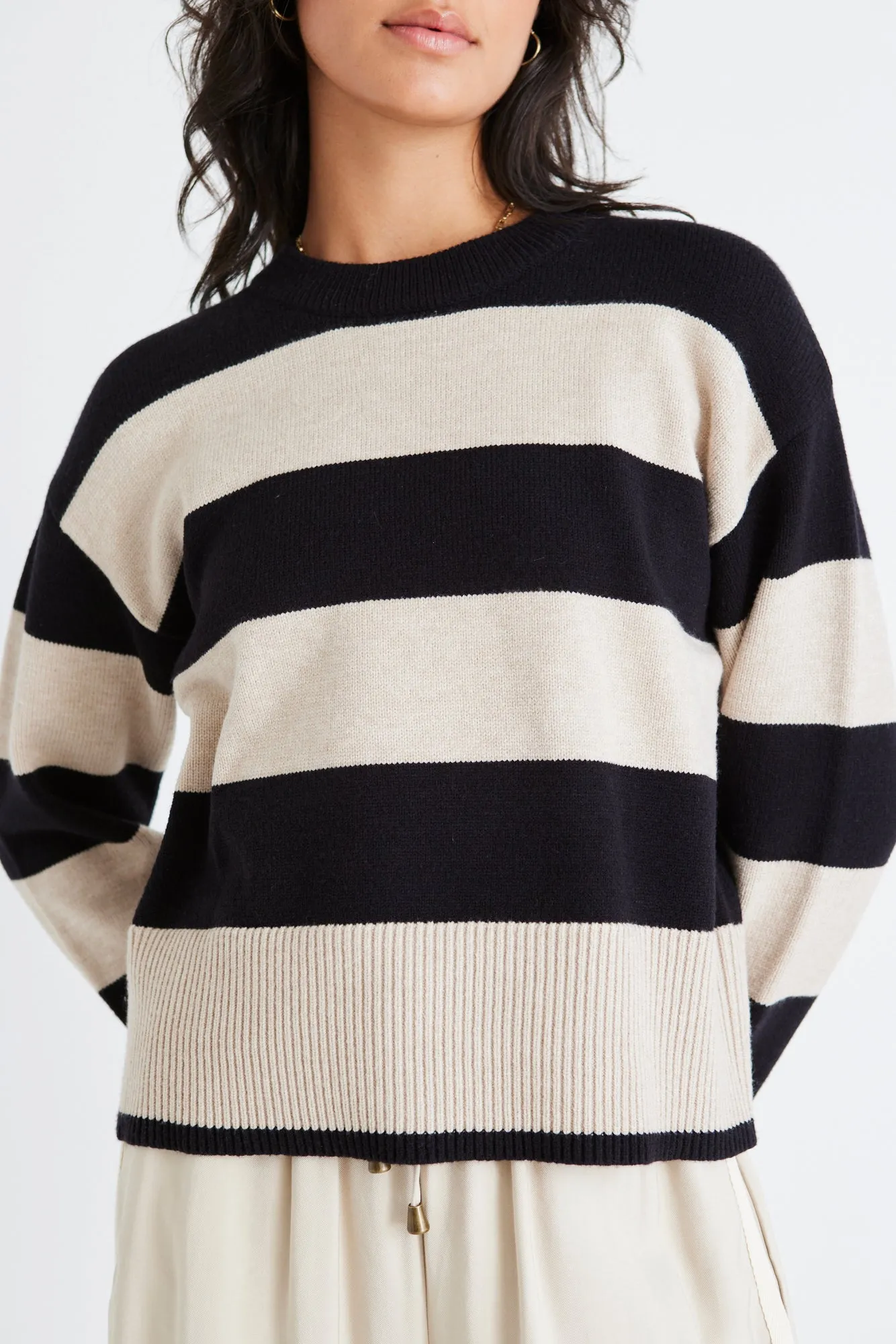 Gravity Black & Stone Stripe Crew Neck Knit Jumper