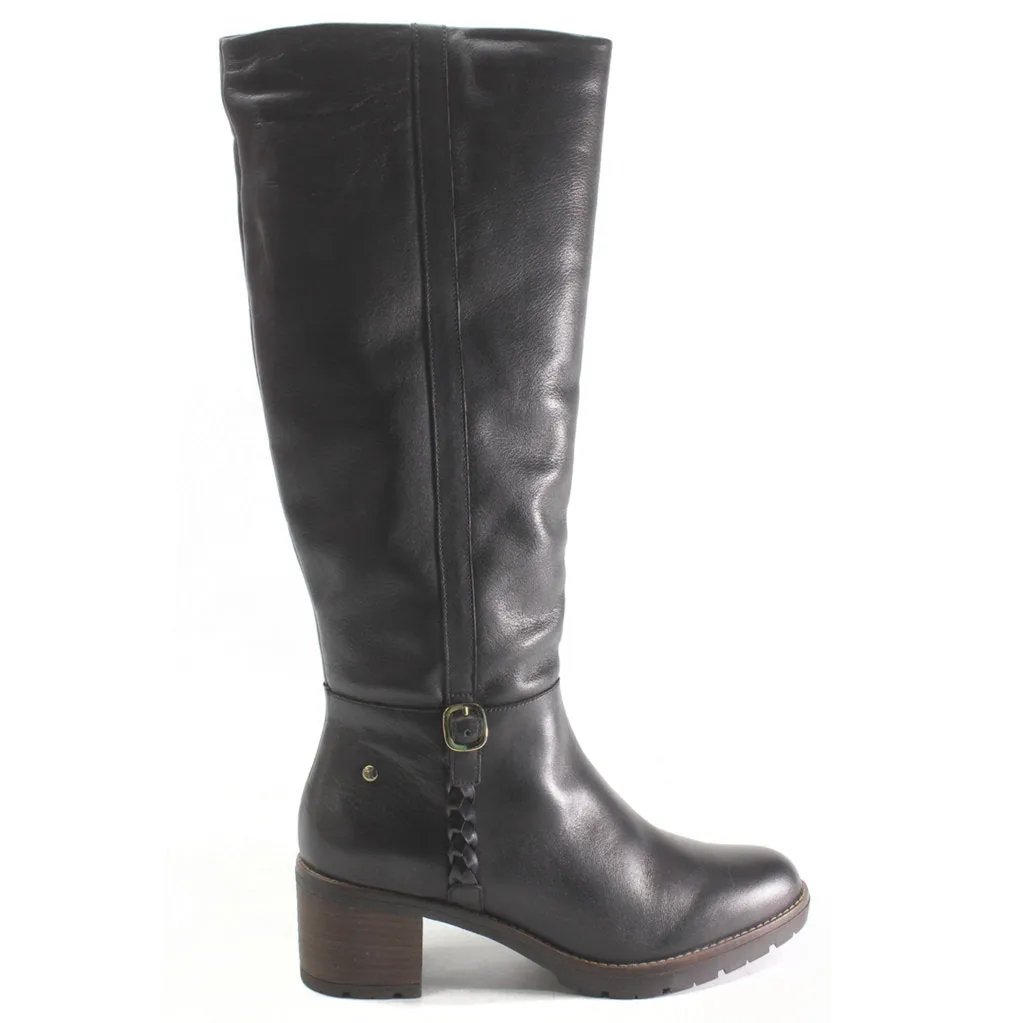 Llanes Calfskin Leather Women's Zip Up Stack Heeled Knee High Boots