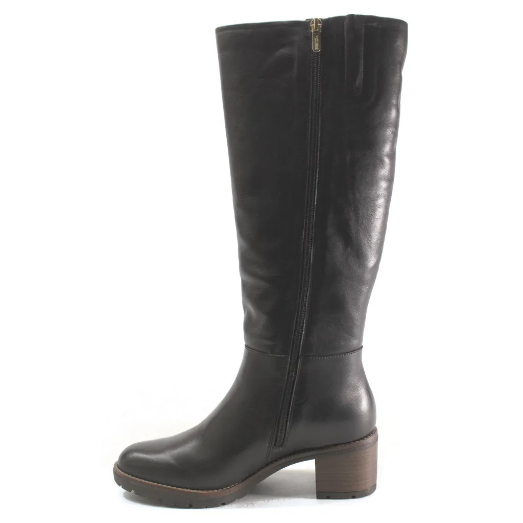 Llanes Calfskin Leather Women's Zip Up Stack Heeled Knee High Boots