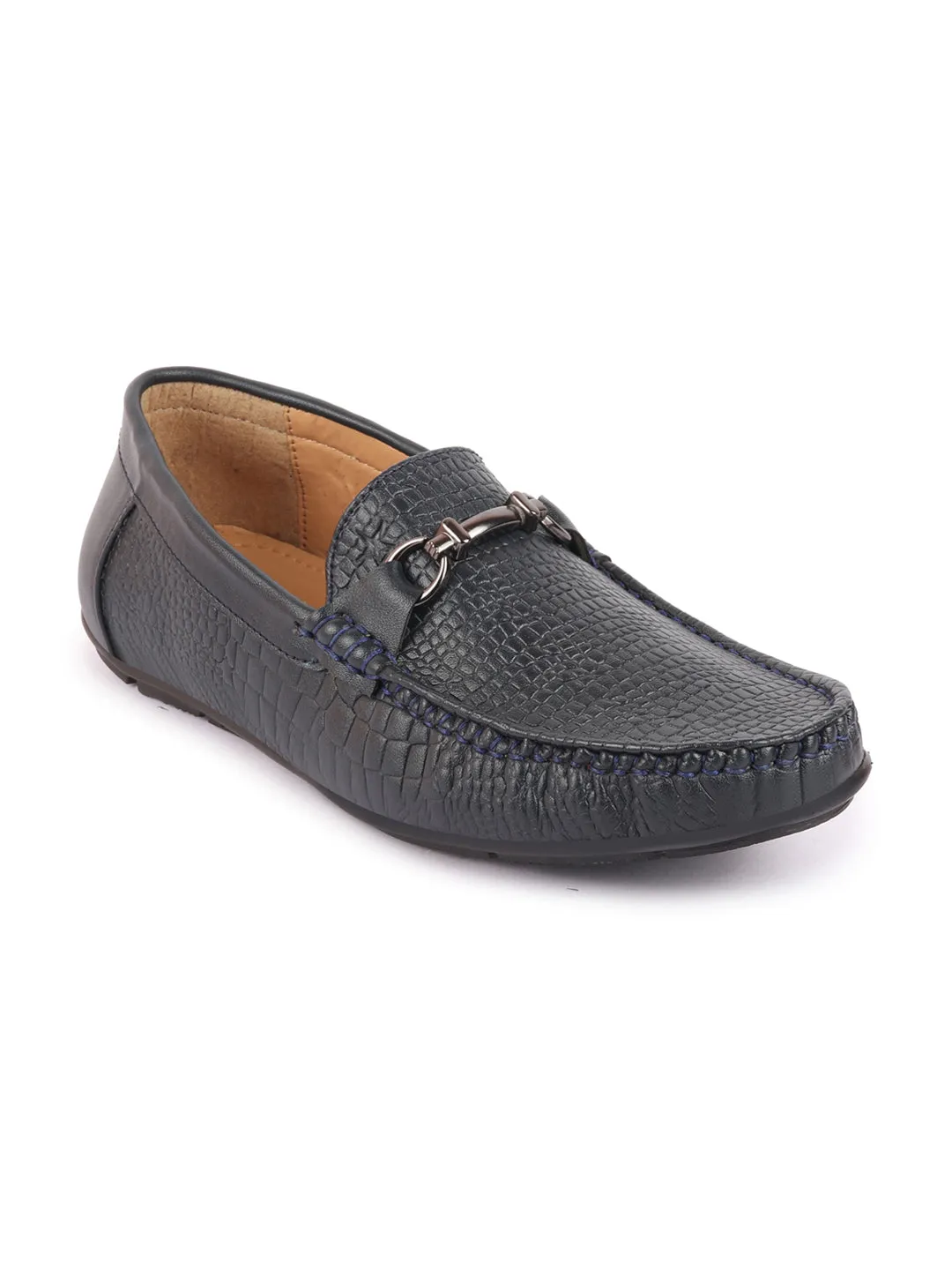 Men Navy Blue Horsebit Buckle Embossed Casual/Dress Loafer Shoes