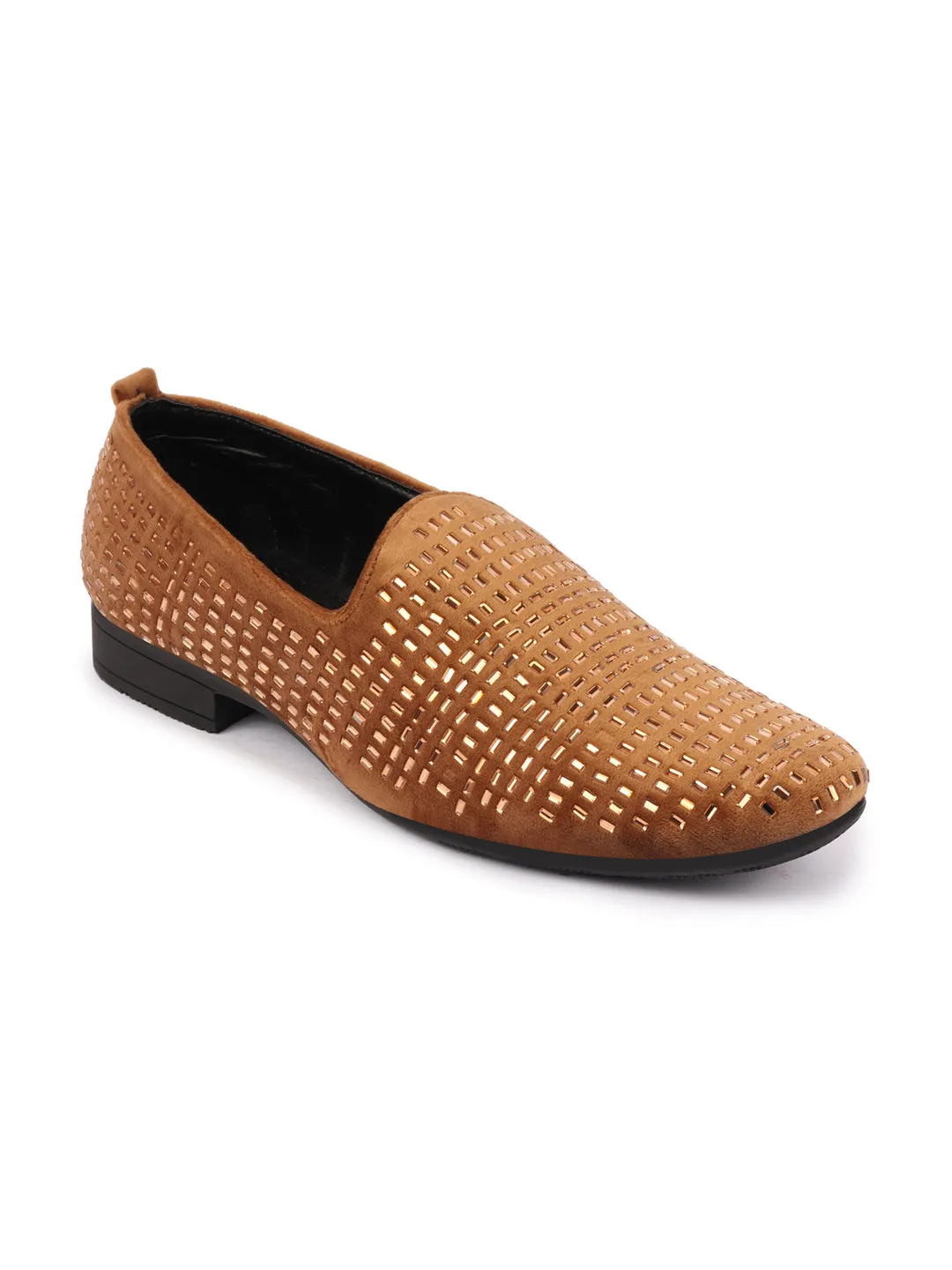 Men Tan Embellished Design Velvet Slip On Party Loafers Shoes