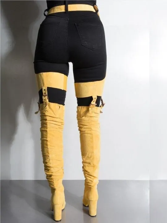 Mustard Yellow Suede Belt Thigh High Boots