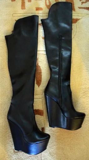 Over Knee High Black Wedge Boots