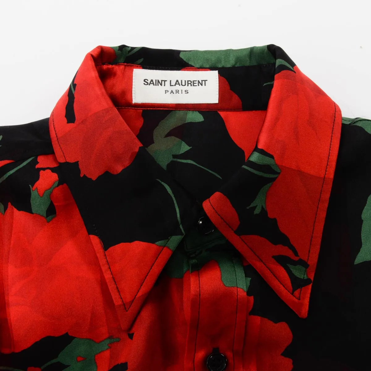 Saint Laurent Black & Red Silk Roses Print Blouse FR 36