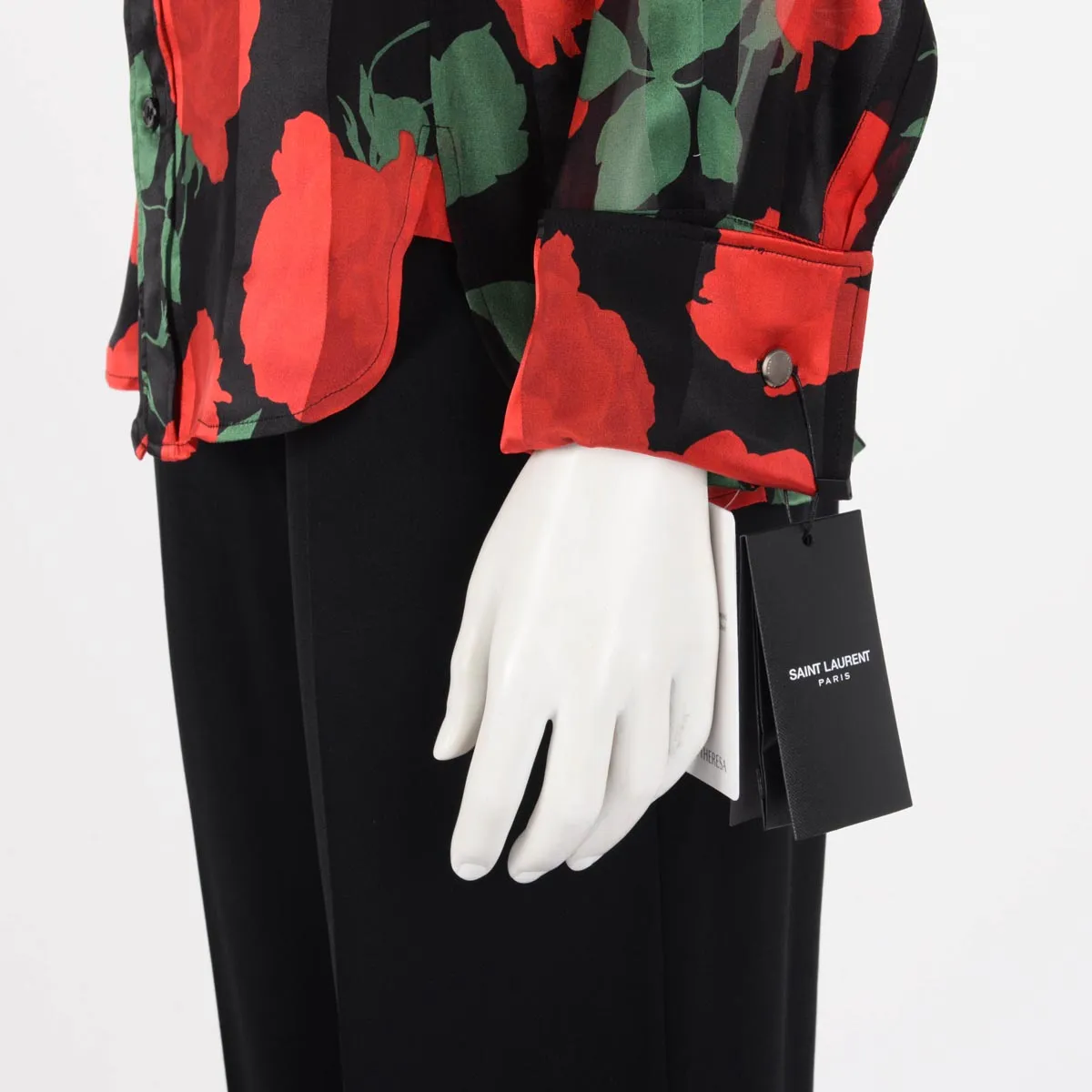 Saint Laurent Black & Red Silk Roses Print Blouse FR 36