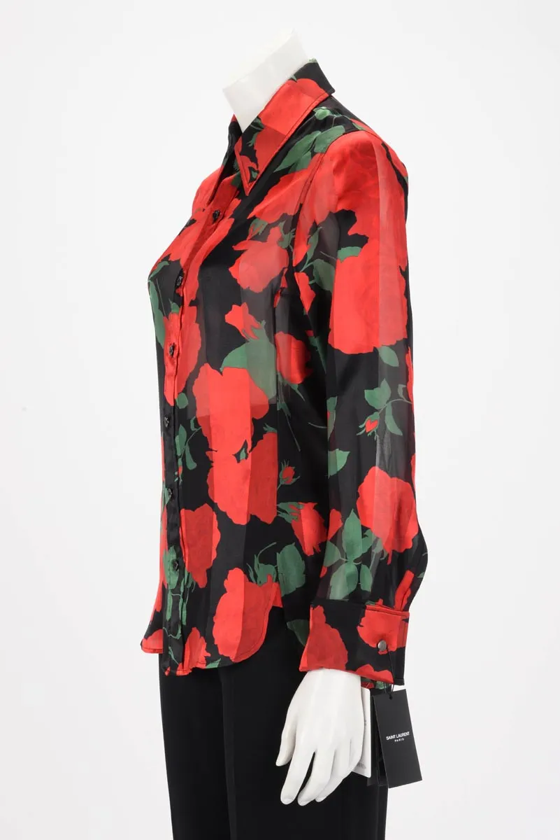 Saint Laurent Black & Red Silk Roses Print Blouse FR 36