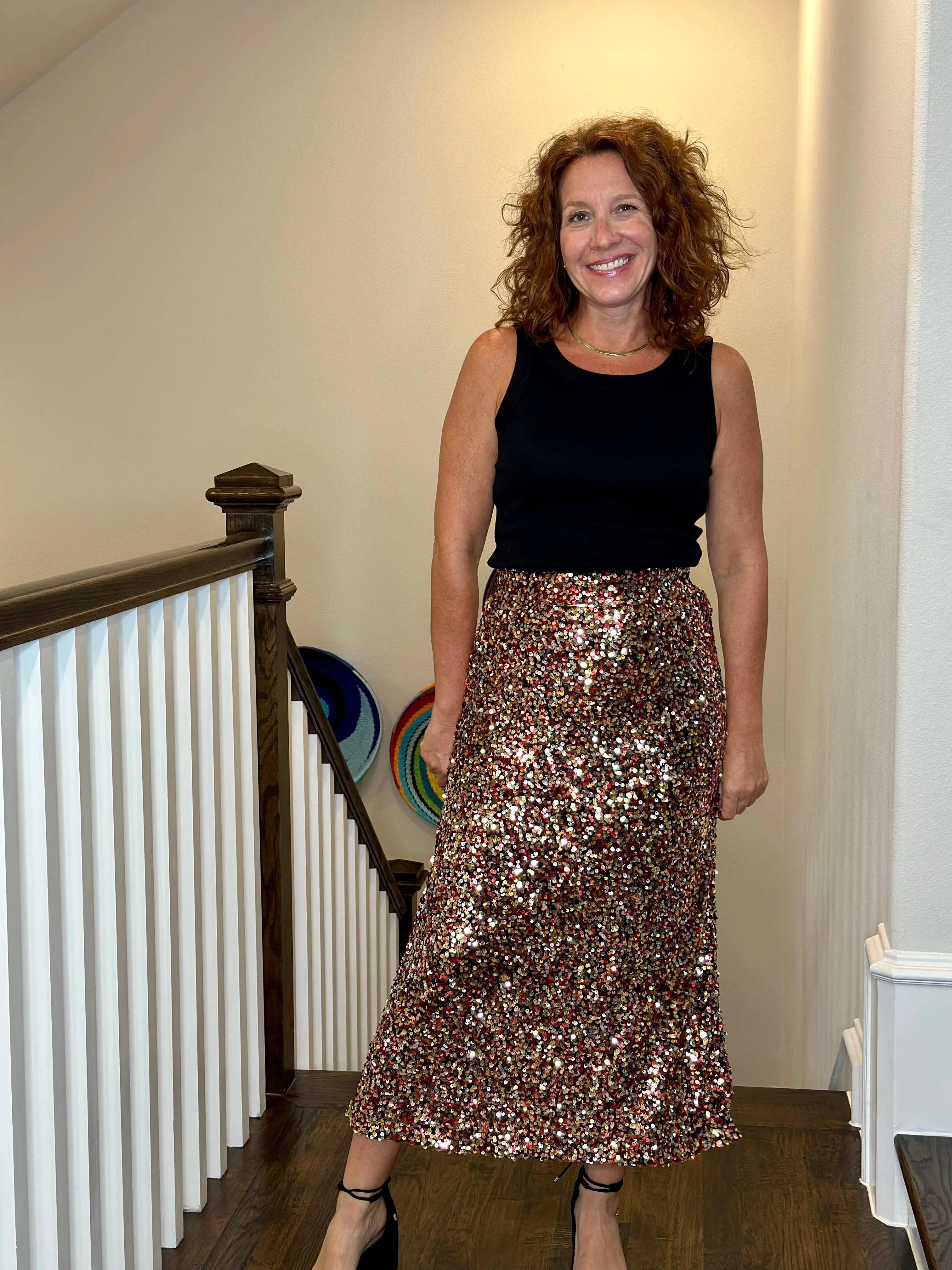 Sequin Pencil Skirt in Gold, Red & Silver