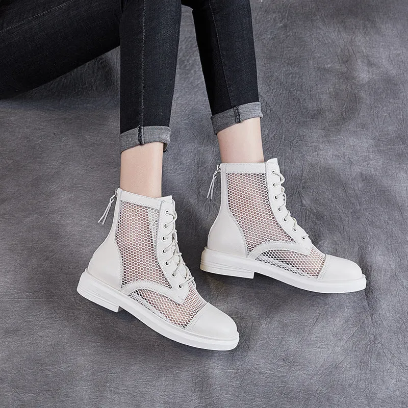 Women Casual Hollow Mesh Leather Summer Boots