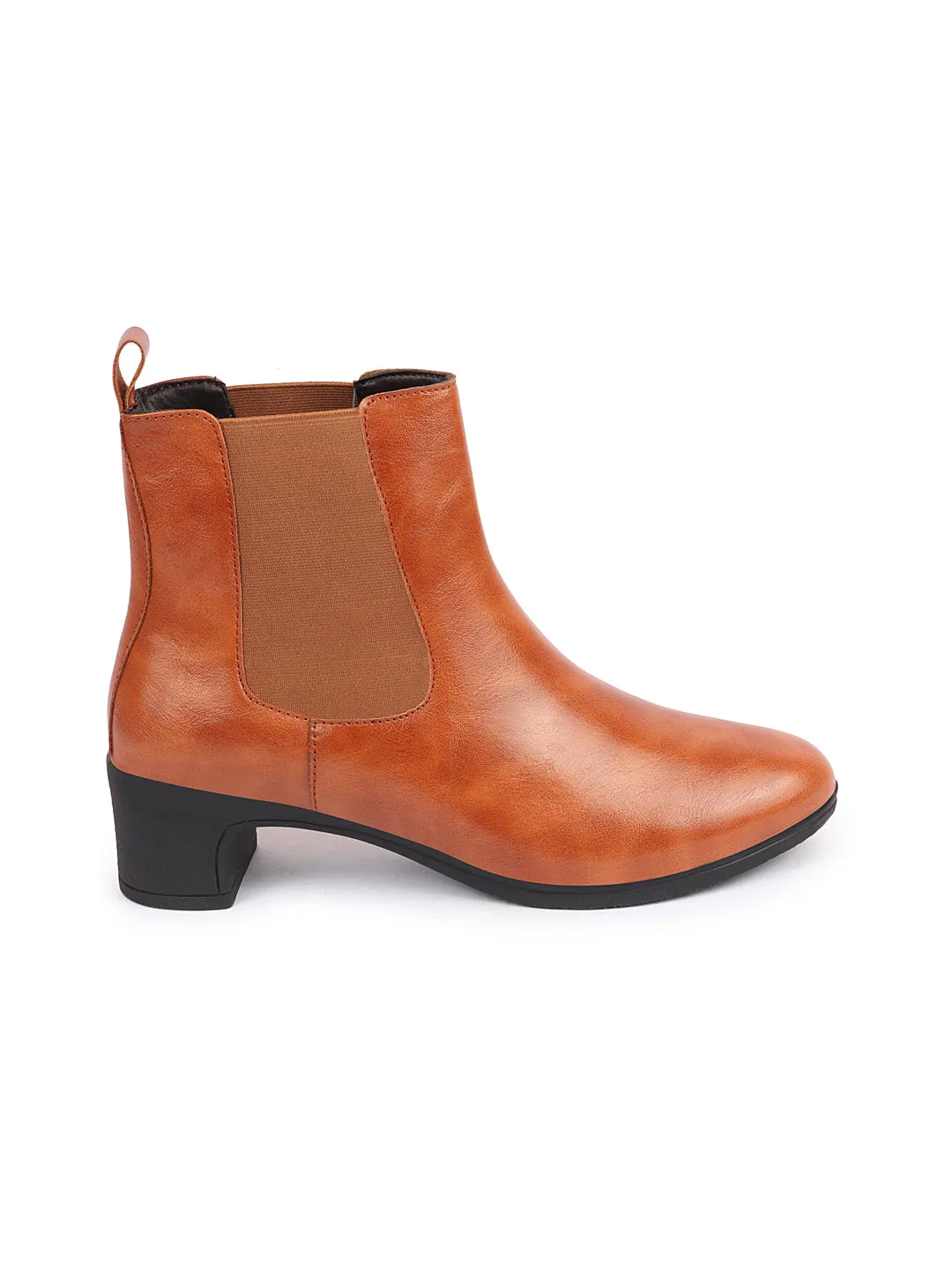 Women Tan Flared Heel High Ankle Top Winter Chelsea Boots