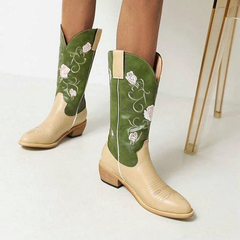 Women's Embroidery Mid-calf Riding Western Cowboy Boots