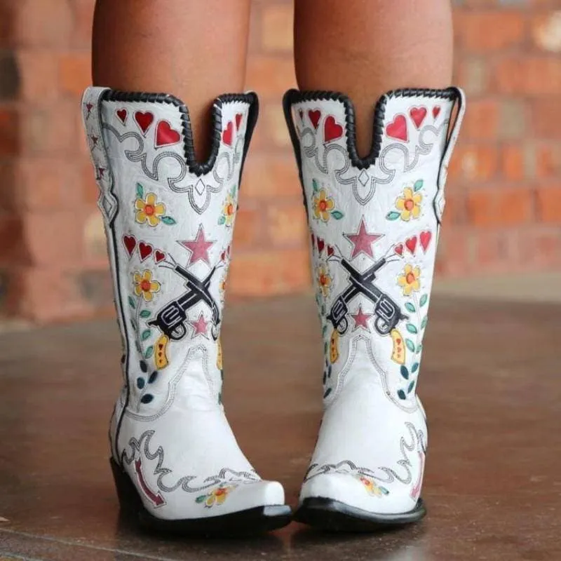 Women's Embroidery Pointed Toe Chunky Heel Western Cowboy Boots