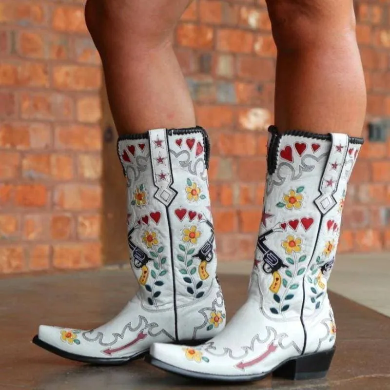 Women's Embroidery Pointed Toe Chunky Heel Western Cowboy Boots