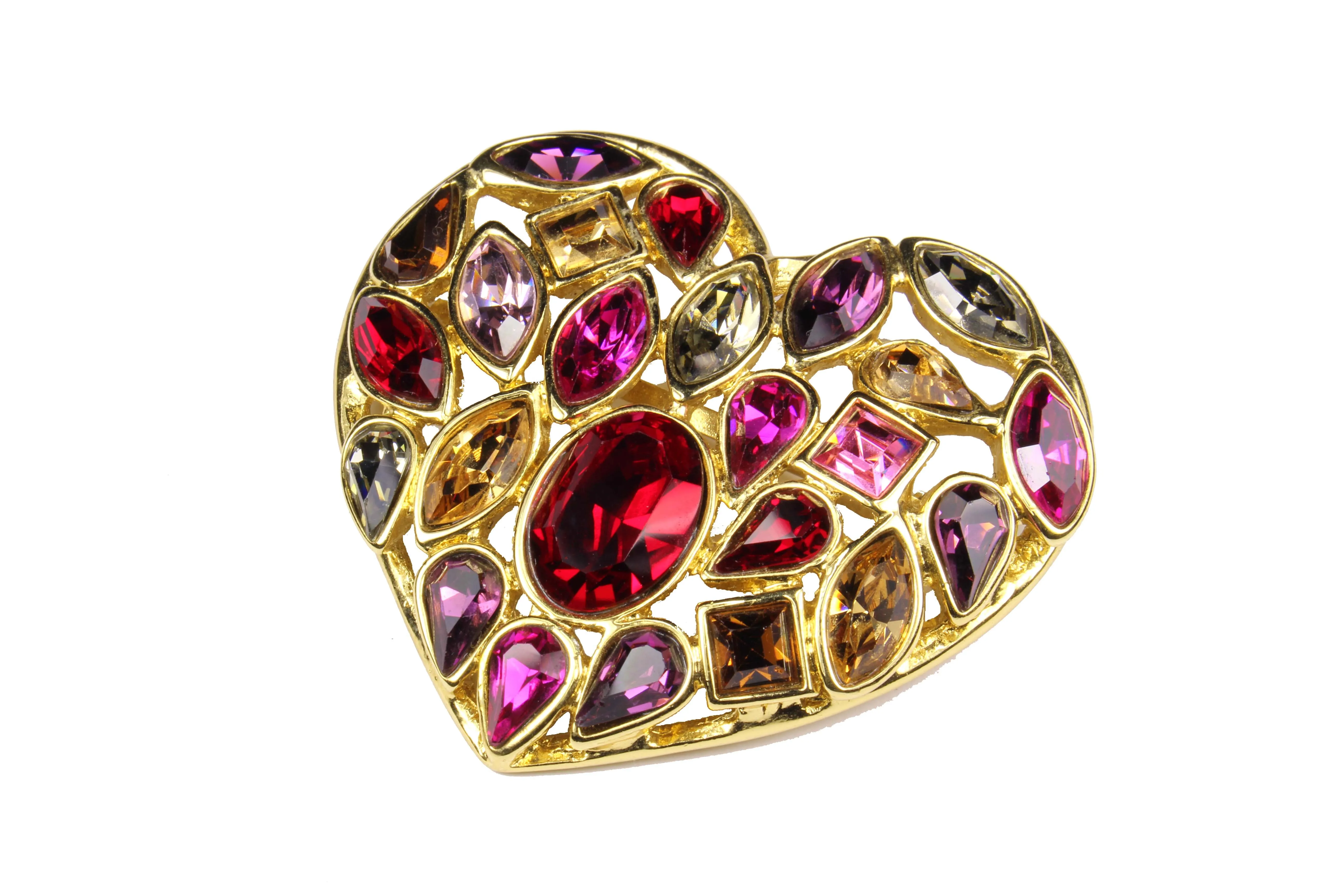 YVES SAINT LAURENT gold heart multicolor rhinestone brooch