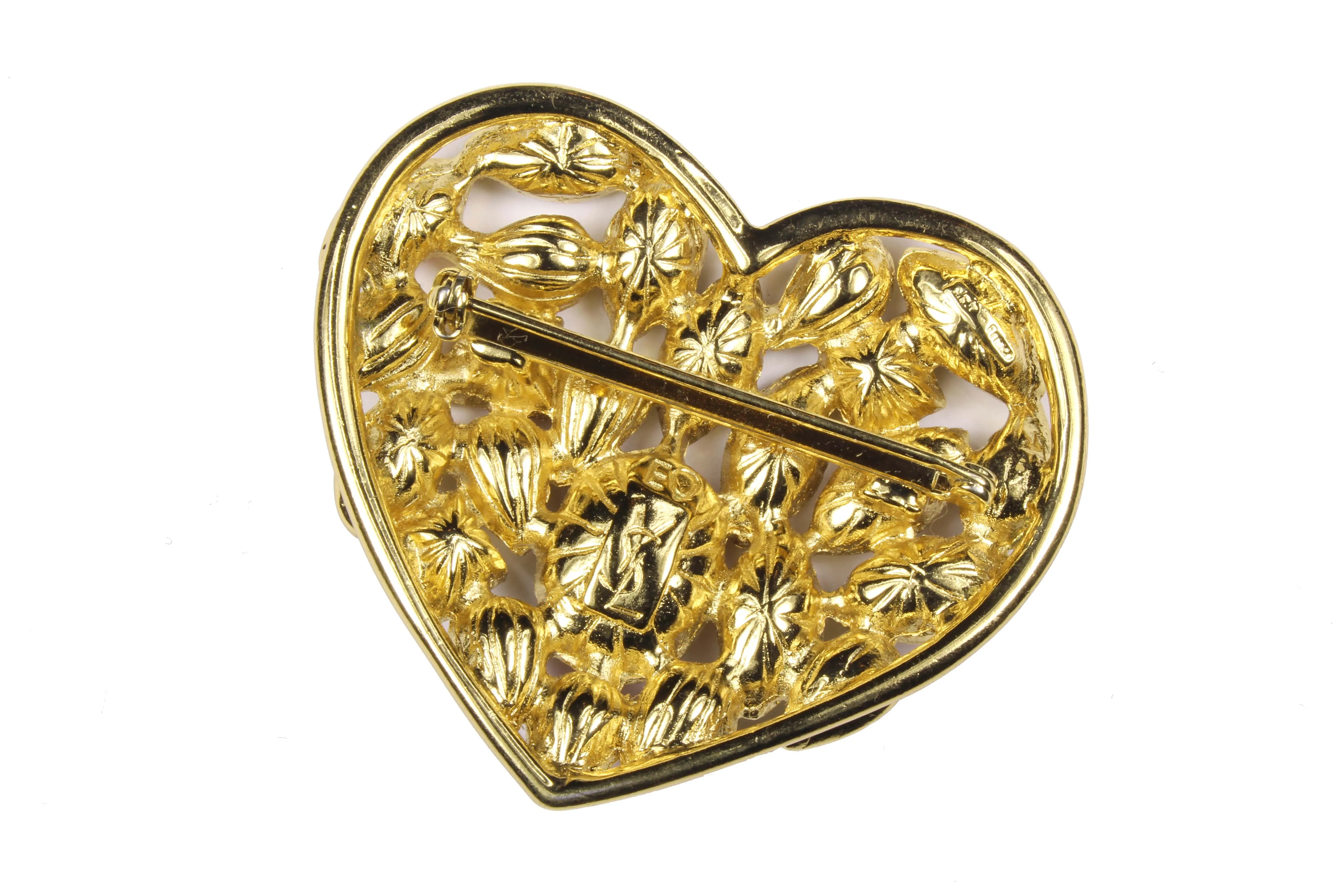 YVES SAINT LAURENT gold heart multicolor rhinestone brooch